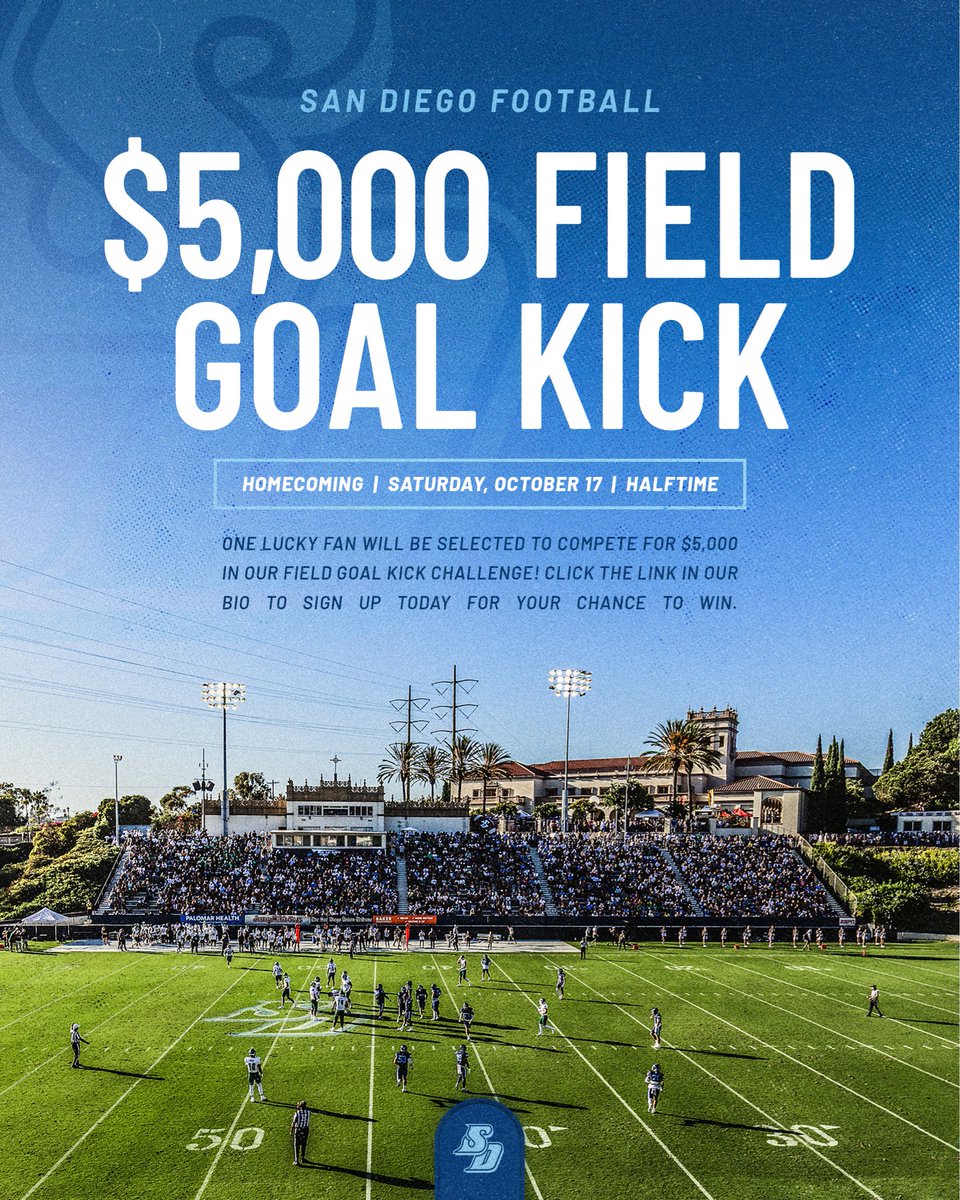USDFootball's tweet photo. Want to be $5,000 richer?💰

Enter our Field Goal Kick Challenge at the link below for your chance to be selected!

Tickets are FREE for students and it’s FREE to enter! Sign-ups close at kick-off, so get there early for your chance to win!

🔗 https://t.co/zk9wrZz098

#GoToreros https://t.co/NUNFQkNDJz