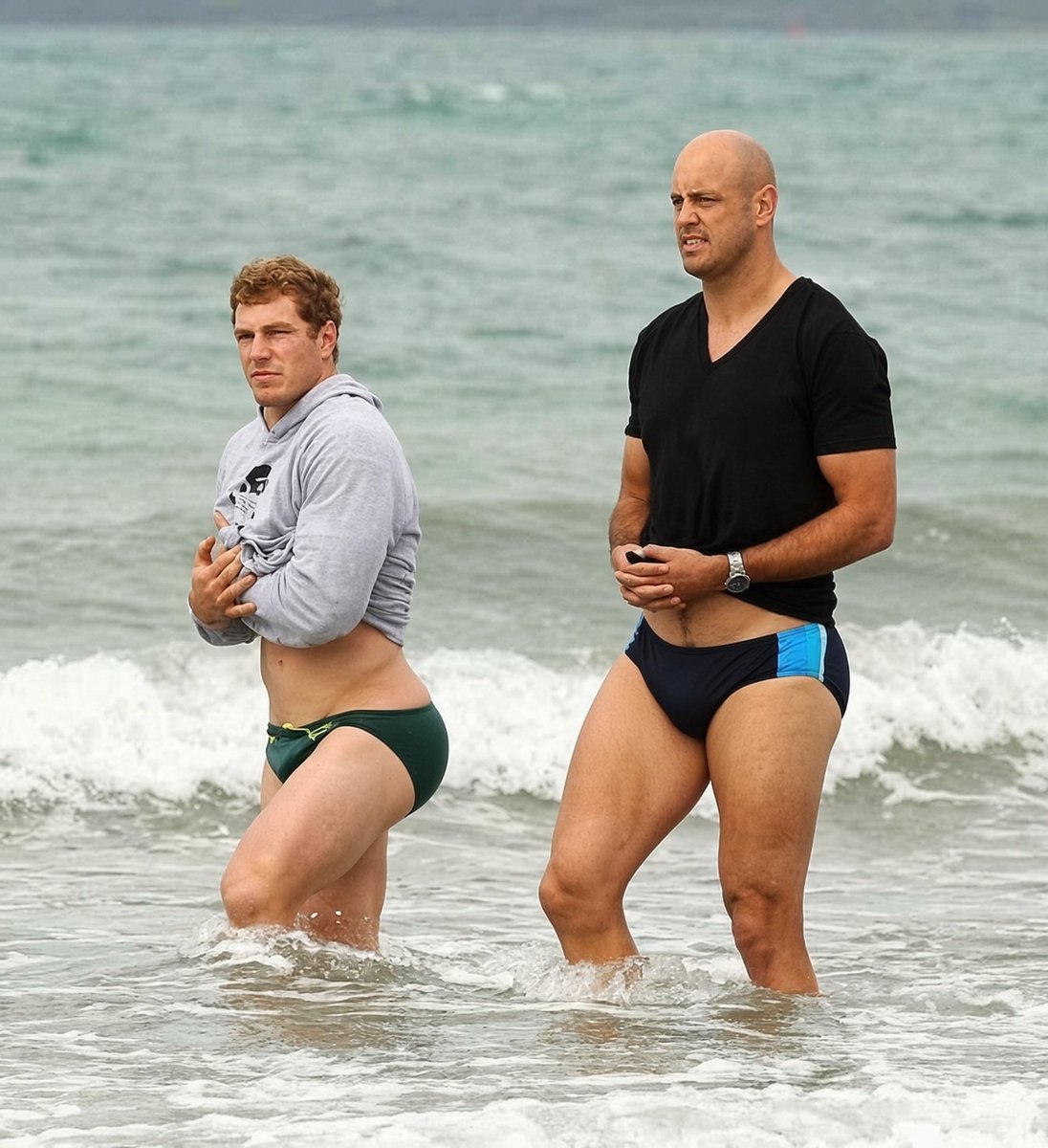 Mossmoviesjo's tweet photo. David Pocock and his mate just fully committing to the cold water like it’s nothing. Hoodie still on, speedos, the lot. Respect... https://t.co/tj7roDBxAo