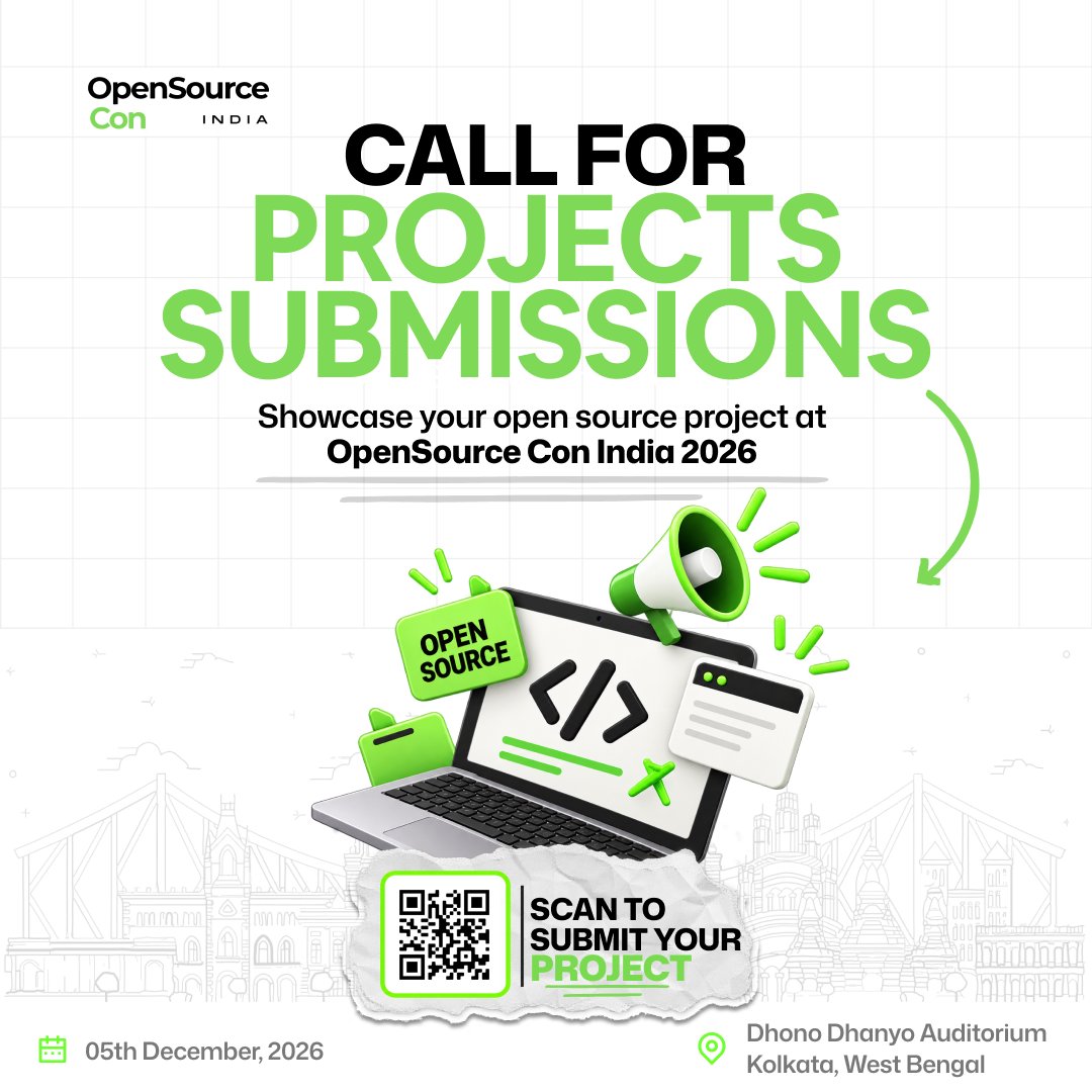 OpenSourceConIN's tweet photo. CALLING ALL BUILDERS! 🚀💥

Open Source Project Applications for Open Source Con India 2026 are LIVE! ⚡️

Submit your project to showcase live at #OSCI2026 + get a chance to win grants from @FOSSUnited ! 💰

Apply now: https://t.co/2KLpzEl9xM https://t.co/FhH9Mpxbls
