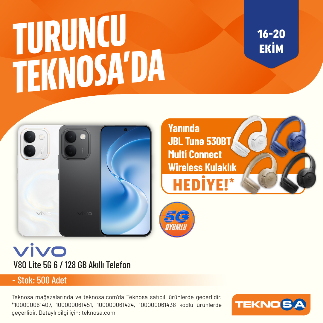 Teknosa's tweet photo. Turuncu Teknosa'da! Vivo V80 Akıllı Telefon Yanında JBL TUNE 530BT Kulaklık Hediye!