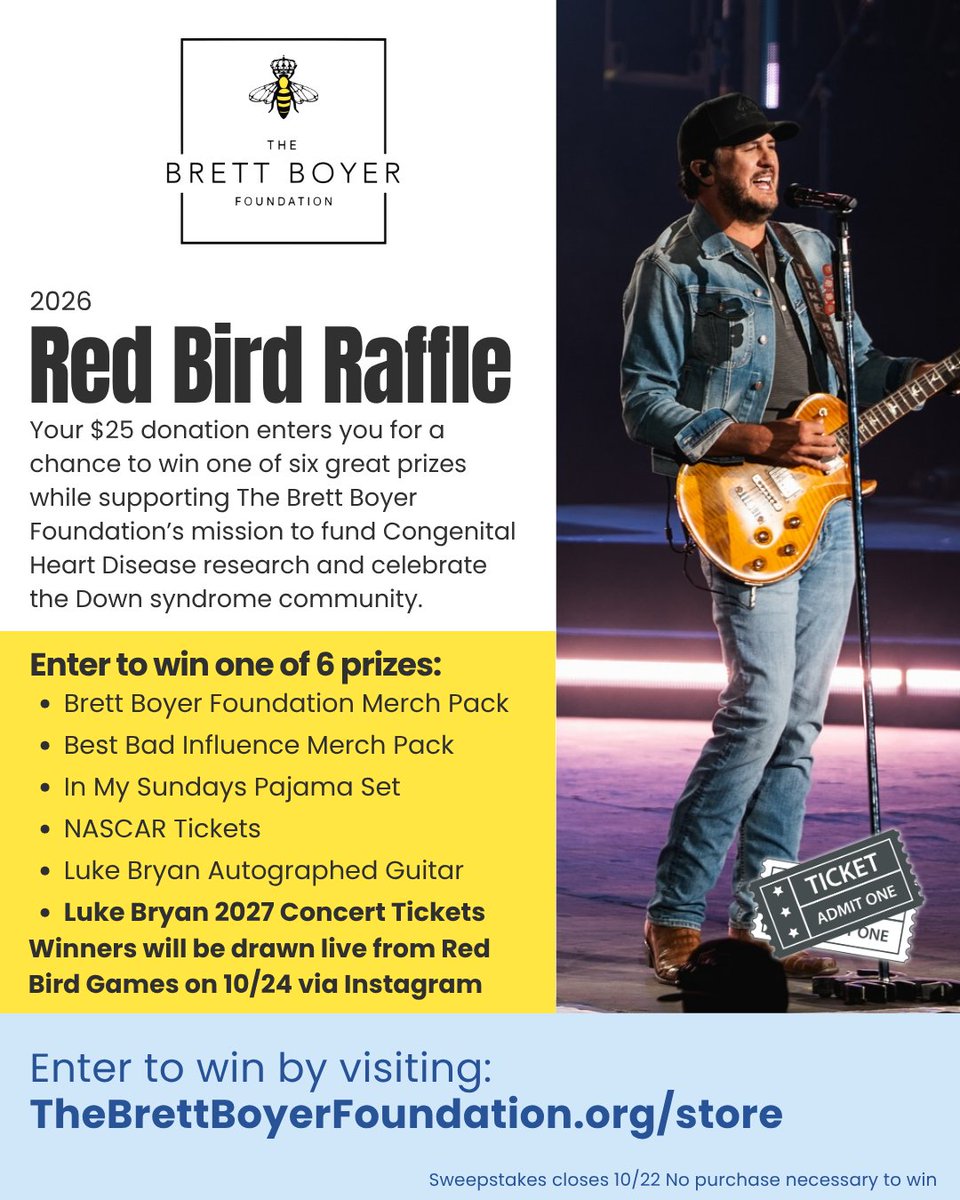 lukebryan's tweet photo. The Red Bird Raffle is back! Support The Brett Boyer Foundation’s mission with a $25 donation and be entered for a chance to win one of six prizes including a guitar signed by me and tickets to a show next year. I’ll be drawing winners live from my farm on 10/24. My family started @brightforbrett in memory of my niece Brett to provide more options for the 1 in 100 born with congenital heart disease. https://t.co/4nIpGbFeef

*No purchase necessary to enter or win