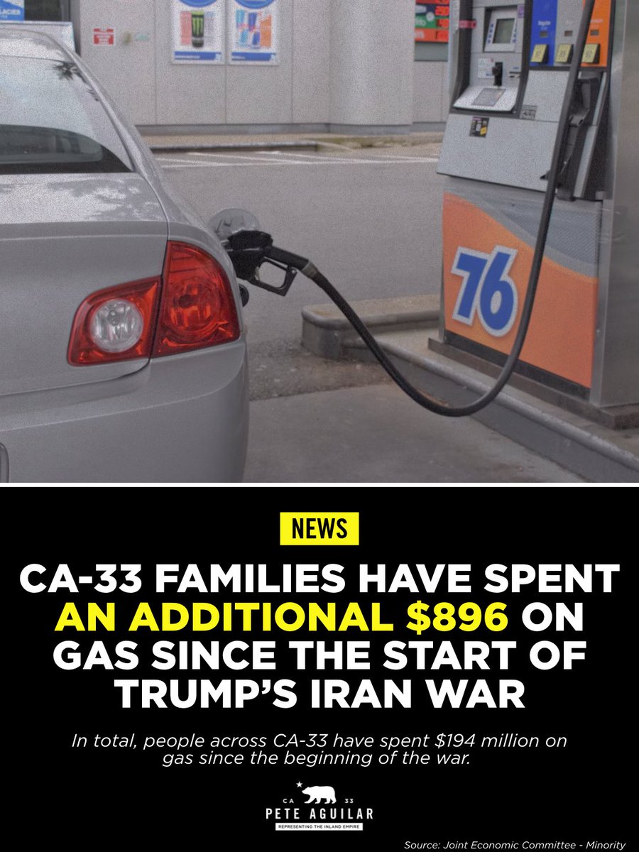 A gray car is being refueled at a gas station. Below the photo is a black political news graphic with bold white and yellow text, a campaign logo, and a source attribution.