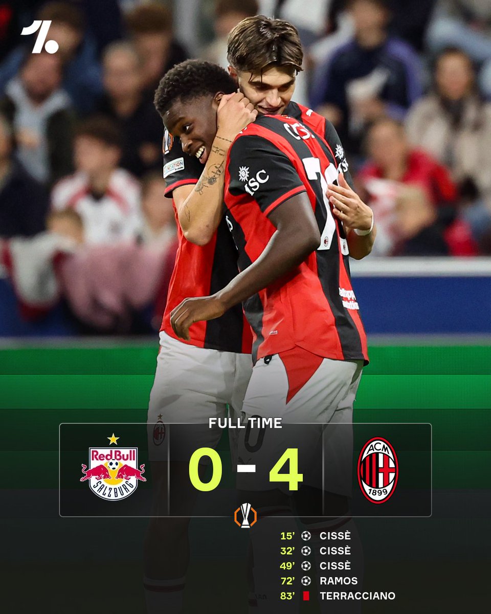 FCOneFootball's tweet photo. 🔚 FULLTIME
🇦🇹 RB Salzburg 0-4 AC Milan 🇮🇹
▪️ 𝟏𝟗-𝐘𝐄𝐀𝐑-𝐎𝐋𝐃 𝐀𝐋𝐏𝐇𝐀𝐃𝐉𝐎 𝐂𝐈𝐒𝐒𝐄 𝐖𝐈𝐓𝐇 𝐀 𝐇𝐀𝐓-𝐓𝐑𝐈𝐂𝐊 𝐅𝐎𝐑 𝐌𝐈𝐋𝐀𝐍.
#UEL #SALMIL https://t.co/eBWu46zqAV