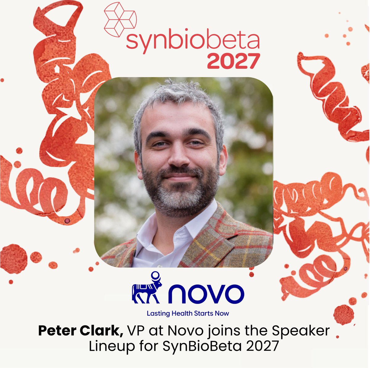 johncumbers's tweet photo. @novonordisk has been building out its internal AI tools for decades, and was early to the LLM wave three years ago.

Now Peter Clark is back at @SynBioBeta 2027 to talk about what comes next: using AI to design Novo's next wave of medicines.

Novo is at a turning point. Under new CEO Mike Doustdar, the company behind Ozempic and Wegovy plans to launch more than five multi-blockbusters by 2030 and push beyond obesity and diabetes. Doustdar wants Novo to become "the world's most AI-driven healthcare company," and has brought in AI partners across R&D, from OpenAI to Anthropic.

That puts Peter's team at the center of the plan. As VP of Computational Drug Design, he leads Novo's in silico drug hunters across small molecules, peptides, and biologics, from Boston to Copenhagen, including digital design work on the incretin and amylin peptides behind its obesity franchise.

What he's been up to:

- Helped lead Novo's contributions to @open_fold's OpenFold3, the open-source foundation model for predicting the 3D structures of proteins, nucleic acids, and small molecules
- Chaired the 2026 AI in Drug Discovery conference in London
- Building out his team with open roles in molecular AI, cheminformatics, peptide modeling, and biologics design

Last year he was one of our busiest speakers:

- On the main stage, "The Programmable Protein Era: How AI Rewrites the Rules of Biomolecules," with @cradlebio, @ProcterGamble, @IFF, and @GENbio
- In the breakout "Beyond Static Predictions: AI for Protein Dynamics and Multi-Cell Models," with @boltz_bio, @achira_ai, @UCSF, and @AmplifyPartners

His career runs from the clinic to the computer:

- @ChildrensPhila (2013-2017), bioinformatics across genetic diagnostics and immunogenetics
- @PennMedicine (2017-2019), director of bioinformatics
- @JNJInnovMed (2019-2023), head of data science for Janssen Biotherapeutics, then head of computational sciences and engineering for therapeutics discovery
- Novo Nordisk (2023-present), leading computational drug design

If you're building AI for molecular design, or want to know what big pharma actually needs from it, Peter is the person to find.

Come find him in San Jose, May 3-6th.
