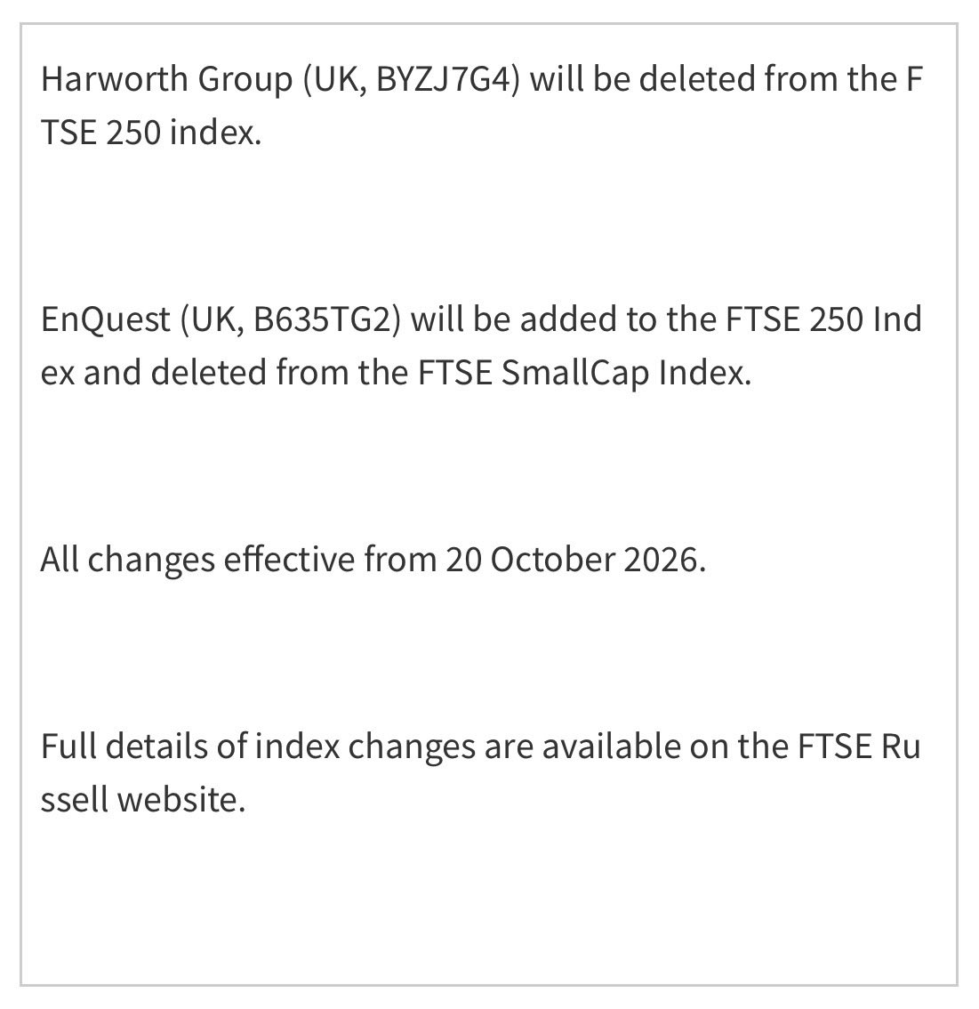 malufinance's tweet photo. EnQuest #ENQ $ENQ.L added to the FTSE 250 index effective 20th October https://t.co/A0M2MTQoA0