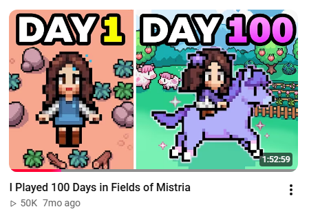 ElieDGames's tweet photo. so pleased that this video has hit 50k and is consistently gaining! thank you!!

I love Fields of Mistria and would be happy just being able to produce it, but I'm glad you guys are really enjoying! 💜I'm currently working on editing a 200 Days in Fields of Mistria video atm! https://t.co/zO6Rde7unH
