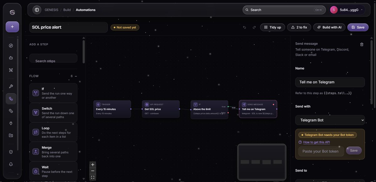 Genesisproofsol's tweet photo. GENESIS UPDATE 

Another major update is live:

• Buy Gen Credits directly with USDC on Solana
• New Automation Workspace with 78 nodes for building real workflows
• Build with AI:  describe what you need and let AI create the automation for you
• Connect APIs, triggers, conditions, loops, messages and more
• New Legal & Security section covering platform use, privacy and risk

GENESIS is becoming one complete stack:
Build → Automate → Connect → Launch → Prove.