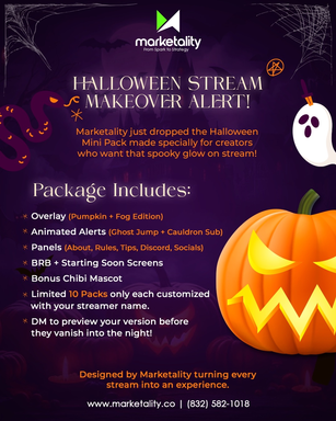 Acelinemojea4's tweet photo. 🎃 Ready to give your stream a spooky upgrade? 👀 Get custom Halloween graphics, animated alerts, panels &amp; BRB screens made for your brand. Only 10 packs available, DM before they're gone! 🕷️

#HalloweenStream #TwitchStreamer #StreamGraphics #HalloweenOverlay #ContentCreator https://t.co/wr9NYHID2T