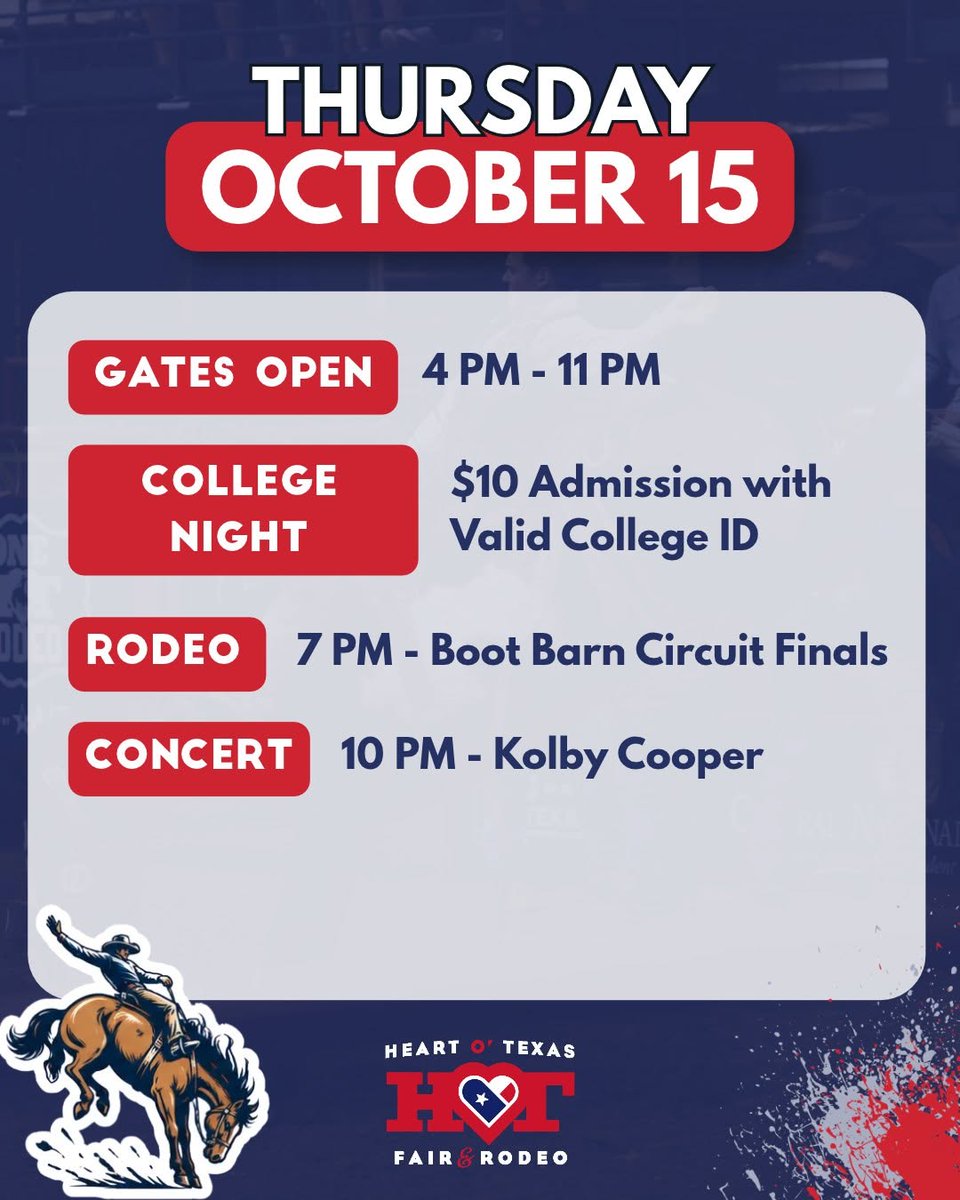newstalk1230's tweet photo. #MediaSponsor #iHeartPArtner 🎡 Today is packed with Fair fun at the @HeartOTexasFair  Enjoy College Night, rodeo action, and live music from Kolby Cooper  Gates open at 4 PM. Stop by the Wine &amp; Beer  and enjoy live music from Dylan Paris!  #HOTFair #WacoTX #Rodeo https://t.co/PbdoKYtI93