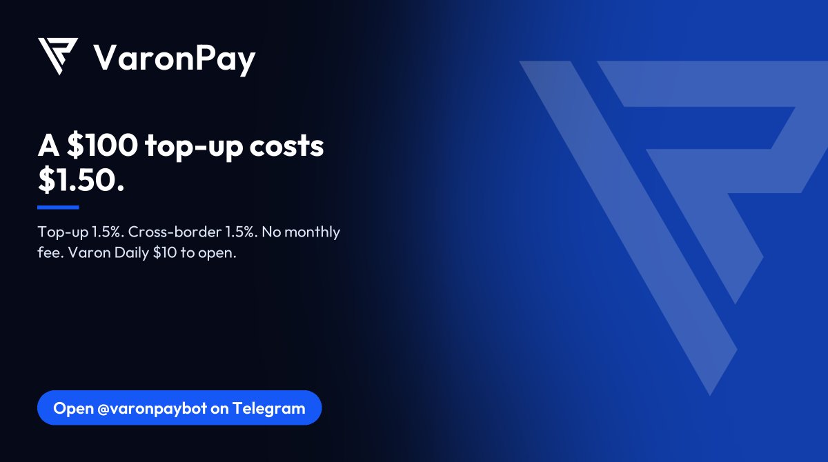 VaronPay's tweet photo. A $100 top-up on VARON costs $1.50.

Top-up is 1.5% and there is no monthly fee to keep the card open. Cross-border payments are 1.5%. Minimum top-up $20. Varon Daily is $10 to open.

@varonpaybot
https://t.co/TVgkqxJ5d2
#CryptoCard https://t.co/wpci28UB1T