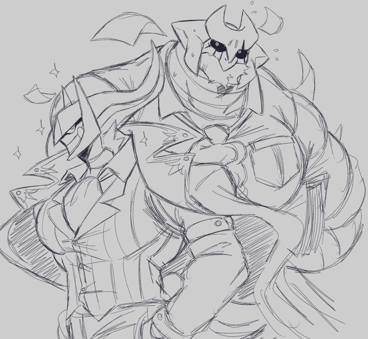 Juggermelon's tweet photo. I haven't really posted it anywhere, but a year ago or so, I turned this Arceus OC into a hardened CEO who pushes around @Racesolar's big Giratina 

Here's some old sketches I never ended up posting 😅 https://t.co/bgZLLphulg
