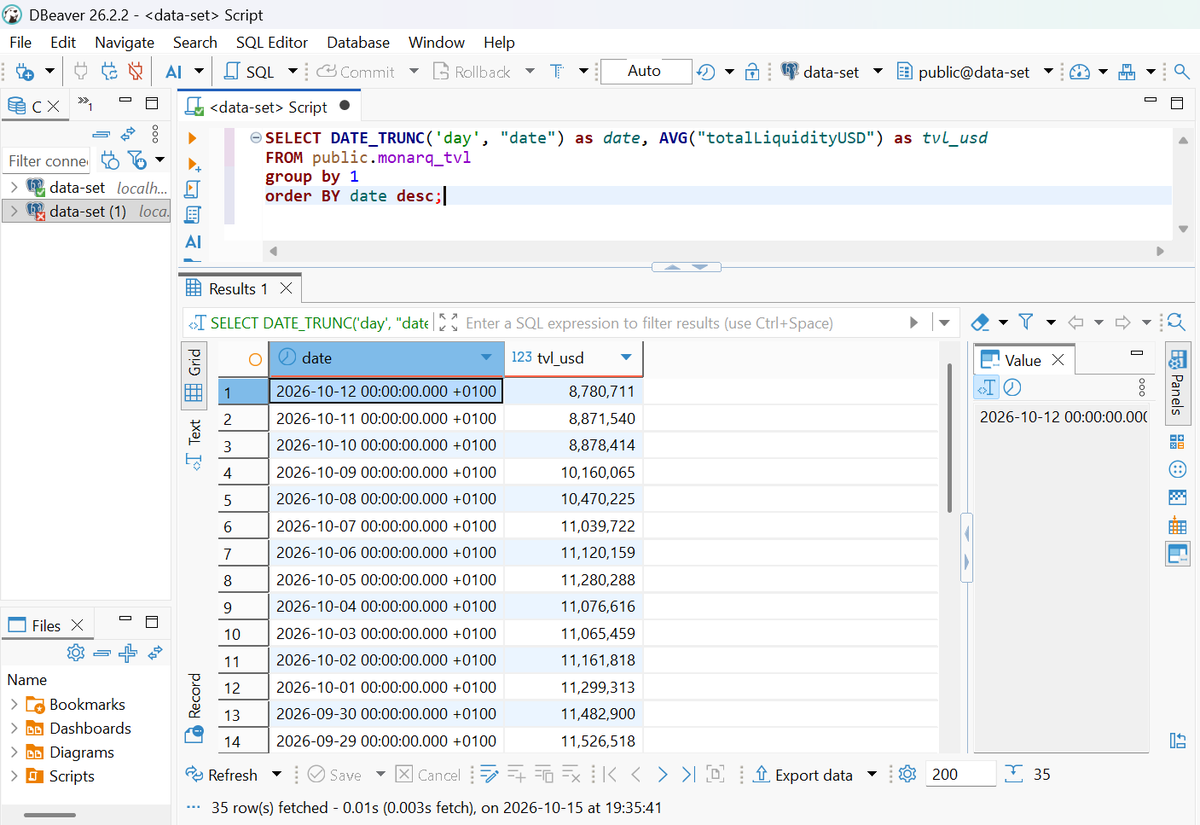 0xTobey's tweet photo. Just built my first end-to-end data pipeline 🚀

DefiLlama API → pandas → PostgreSQL, fully containerized with Docker. Here’s how it came together:

1️⃣ Extract: pulled @monarq_mgmt's daily TVL history from the DefiLlama API with Python’s requests
2️⃣ Transform: used pandas to keep date and totalLiquidityUSD and convert Unix timestamps to UTC datetimes
3️⃣ Load: wrote the DataFrame to a Postgres table with SQLAlchemy
4️⃣ Containerize: packaged the pipeline in a Dockerfile, with dependencies managed by uv
5️⃣ Verify: queried the table with pgcli to confirm the data landed
Big thanks to @AnalyticSages and @Freemandayly  for the structure and guidance.
Repo: https://t.co/B8XoYvE97p