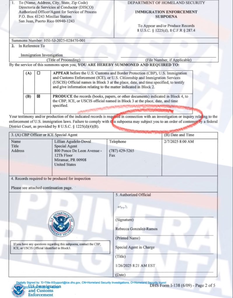 LeninPR's tweet photo. ESTE ES EL DOCUMENTO.

Este fue el requerimiento de información del ICE al DTOP y por el cual entregaron la lista con los nombres y datos de 6,000 inmigrantes en Puerto Rico.

DEL MISMO documento, en la parte circulada, surge que NO MEDIABA una ORDEN JUDICIAL.  

Claramente señala que de no proveer lo requerido “PODRÍA exponerlo” a una orden judicial federal.