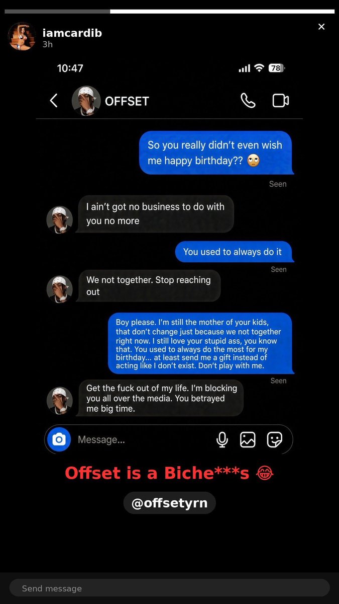 BadPersinDidIt's tweet photo. Cardi B has reportedly shared screenshots of messages from Offset asking her to cut him off completely.

Things appear to be getting even more emotional, as Cardi has now unfollowed Offset on social media. 💔 Is this finally the end of their chapter together? https://t.co/sA9kbYR7RE