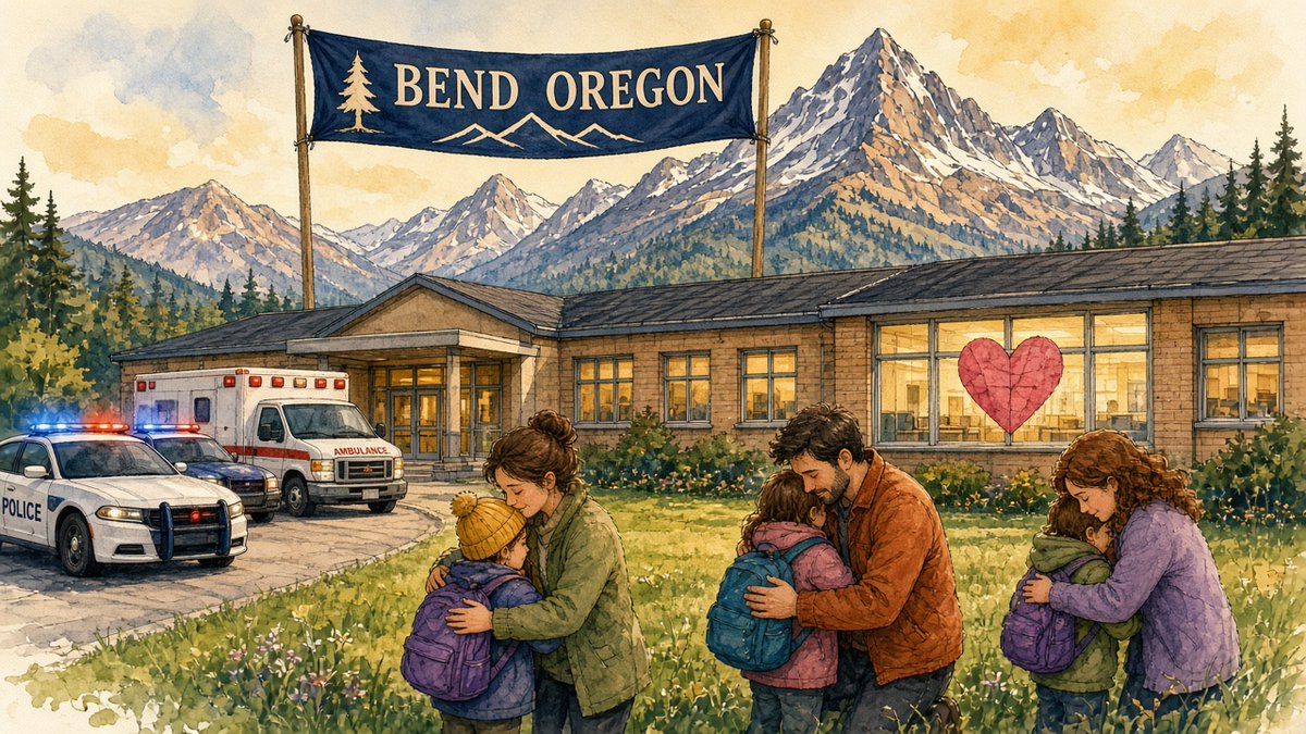 FrontPageFumble's tweet photo. BREAKING NEWS: Gunfire at an Oregon elementary school

Police in Bend confirm multiple victims, including children, in a shooting at Silver Rail Elementary School. At least two people are hospitalized, and the suspect is dead. Families are reuniting at Journey Church. https://t.co/4xscvnqaYl