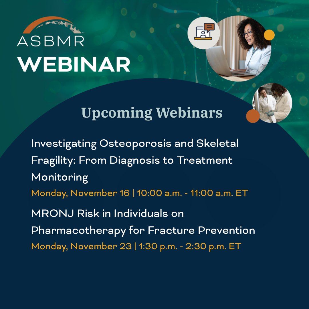 ASBMR's tweet photo. Looking for your next learning opportunity?

ASBMR's upcoming webinars cover everything from osteoporosis treatment and skeletal fragility to fracture liaison services, bone marrow adiposity, and MRONJ risk.

Registration is open for all sessions.

https://t.co/y0JwdBdUmB https://t.co/lWHSJ0IYWX