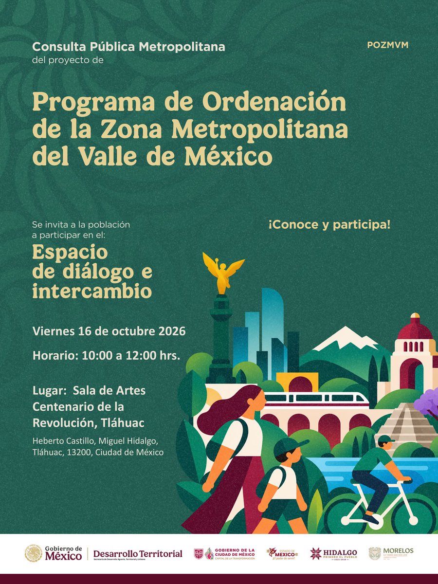 GobCDMX's tweet photo. 🏙️ ¡Súmate al Espacio de Diálogo e Intercambio de la Consulta Pública del #ProgramaMetropolitano!

Conoce el proyecto del Programa de Ordenación de la Zona Metropolitana del Valle de México y comparte tus opiniones, prioridades y propuestas para la construcción de una visión común del territorio.

📅 Viernes 16 de octubre
📝 Registro: 9:30 h
🕙 10:00 a 12:00 h
📍 Sala de Artes "Centenario de la Revolución", Tláhuac
https://t.co/LKb5x8toLL 

Participar es una forma de ser parte de las decisiones sobre el territorio metropolitano.

¡Te esperamos! 🫱🏼‍🫲🏼🏙️