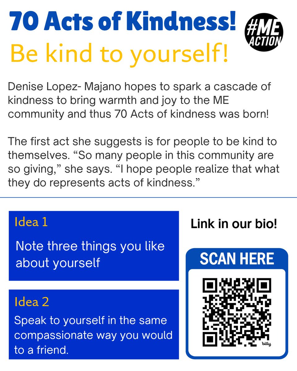 MEActNet's tweet photo. Caregiver volunteer Denise Lopez-Majano wants to help spread kindness - 70 acts of kindness by her 70th bday on Dec. 7! The 1st act she suggests is to be kind to yourself! Please share if you committed an act of kindness in comments beneath article! https://t.co/CRCxocPBZX https://t.co/vSjxhmmiQw