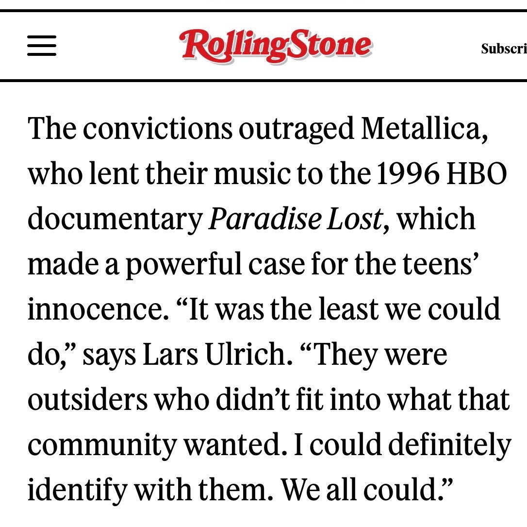 Jilderness's tweet photo. recalling the time Metallica donated their music to Netflix’s current fav true crime revisionist documentarian Joe Berlinger in a bid to release three convicted child murderers from prison because they assumed they were locked up for wearing black t-shirts https://t.co/OPWcQhIUKe