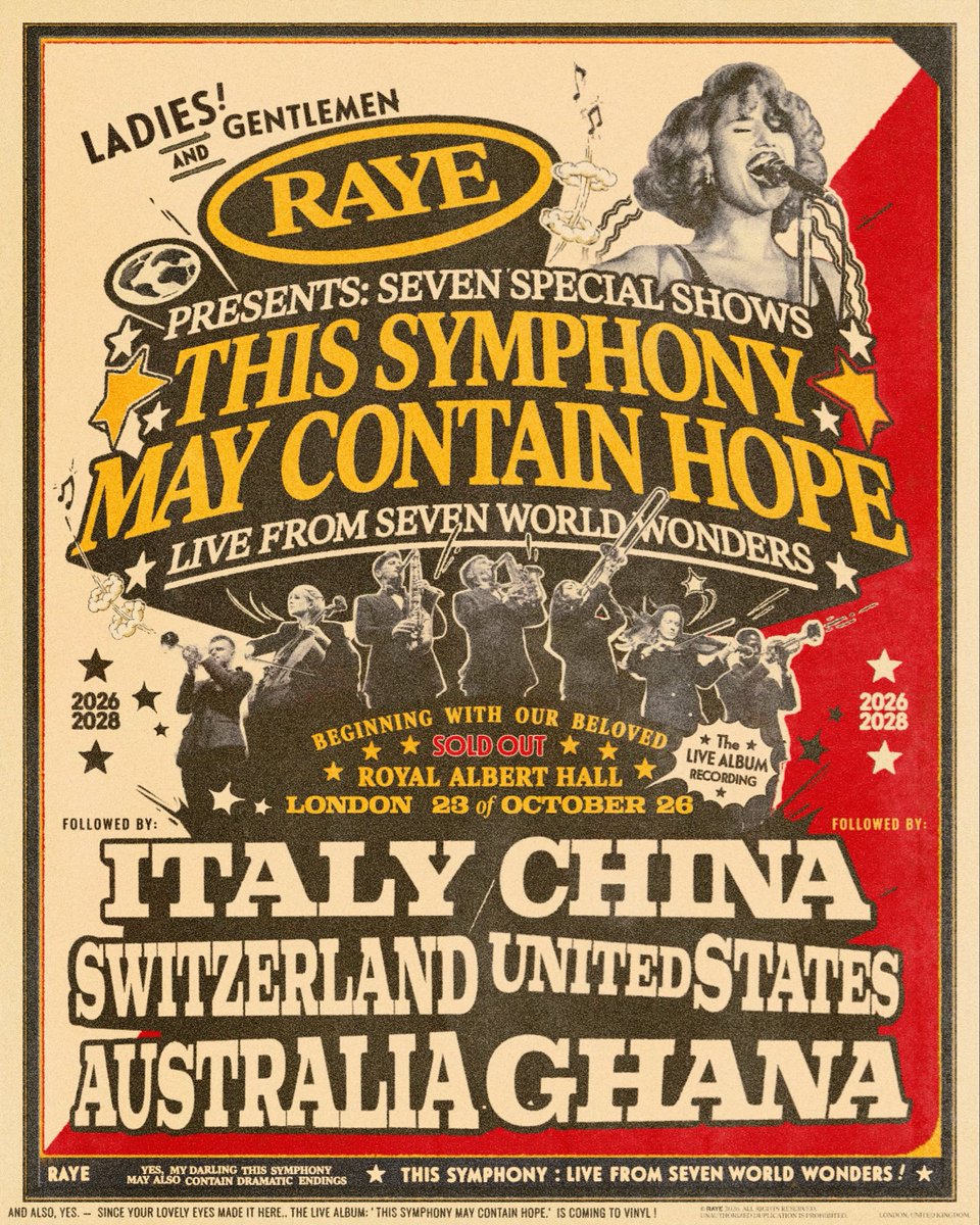 RayedarHQ's tweet photo. Raye announces “THESE SEVEN SYMPHONIES MAY CONTAIN HOPE.” shows:

LONDON 🇬🇧 
ITALY 🇮🇹 
CHINA 🇨🇳 
SWITZERLAND 🇨🇭 
UNITED STATES 🇺🇸 
AUSTRALIA 🇦🇺 
GHANA 🇬🇭 https://t.co/NmeYzE7SWv