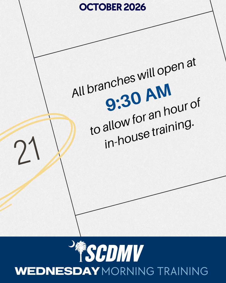 SC_DMV's tweet photo. October 21 is another Wednesday Morning #Training at the #SCDMV!
All branches will open at 9:30 a.m. today.
Thank you for allowing us to train so we can be ready to serve our #SCDMVguests https://t.co/Kx4xHiW3oq
