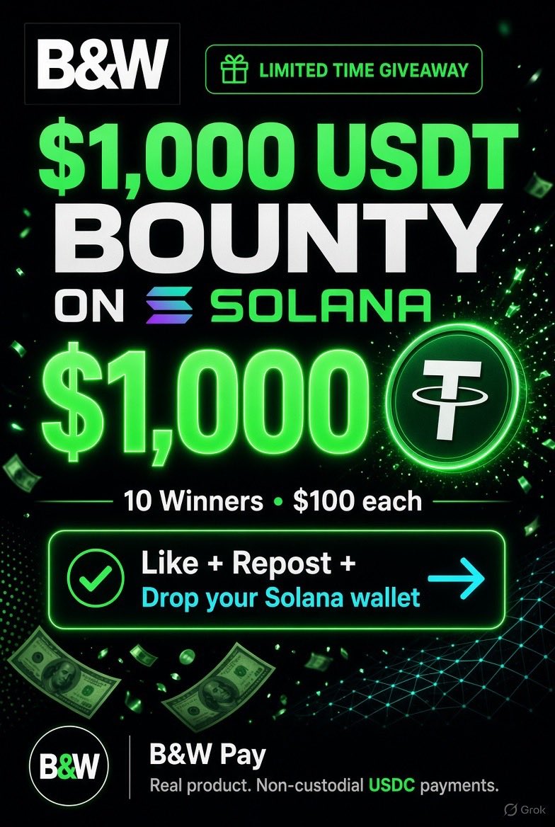bnwpay's tweet photo. Massive $1,000 Giveaway 💸 Win in 24 Hours. Non Winner Get 50 $BNW Free
 10 lucky winners | $100 each 🎁 ❤️ Like+Repost+🔔 👇 Drop your SOL USDT wallet address https://t.co/wcn2Tmn4eQ