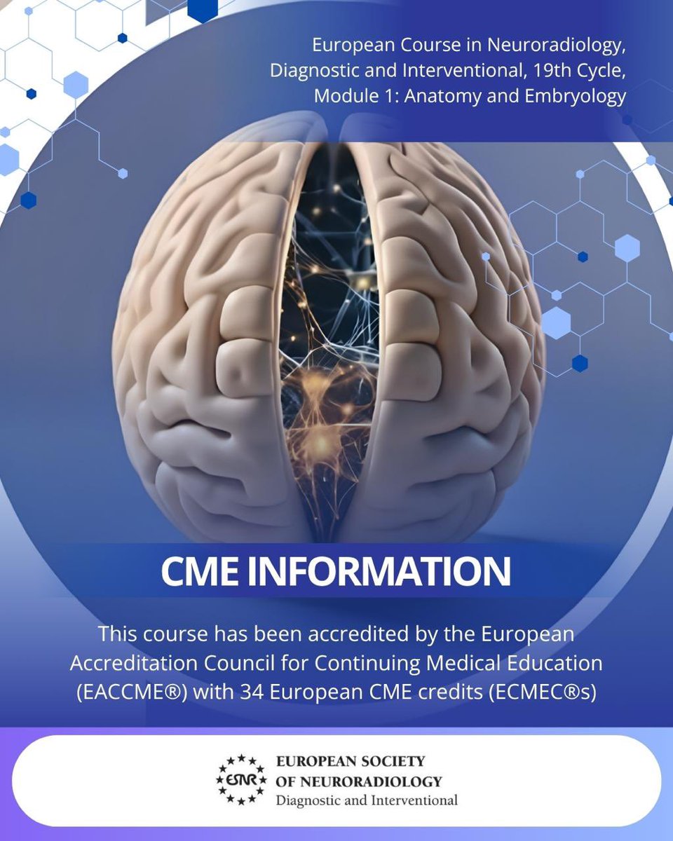 ESNRad's tweet photo. The 19th Cycle ECNR Module 1: Anatomy &amp; Embryology (8–12 Nov 2026, online) is accredited for 34 ECMEC®s by EACCME®. Participants must complete the online evaluation to receive their CME certificate. https://t.co/h1J2EKvCV6