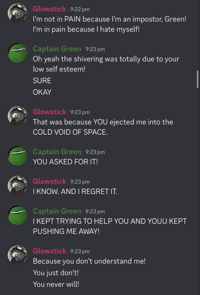 MarzIAm00's tweet photo. These bitches are so loud arguing AT NIGHT🫠 you can’t get any sleep around here @SkeldCapGreen @Charcoalimp  please get therapy.

Wake up my kids again and everyone’s gonna starve on the skeld https://t.co/rpKJPGQ02P