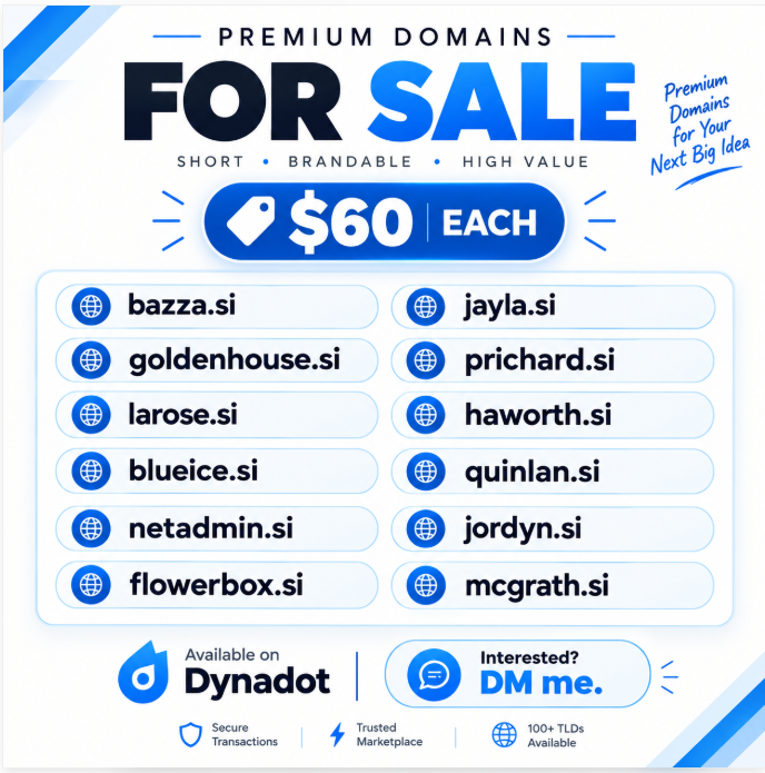 ArinKhandelwal7's tweet photo. 🚀 PREMIUM DOMAINS FOR SALE!

💎 12 Premium .si Domains
💰 Only $60 Each
🌐 Available on Dynadot
📩 Interested in buying? DM me!
#DomainsForSale #PremiumDomains #DomainNames #Dynadot #SI #Domain https://t.co/6sPi2oBrD3