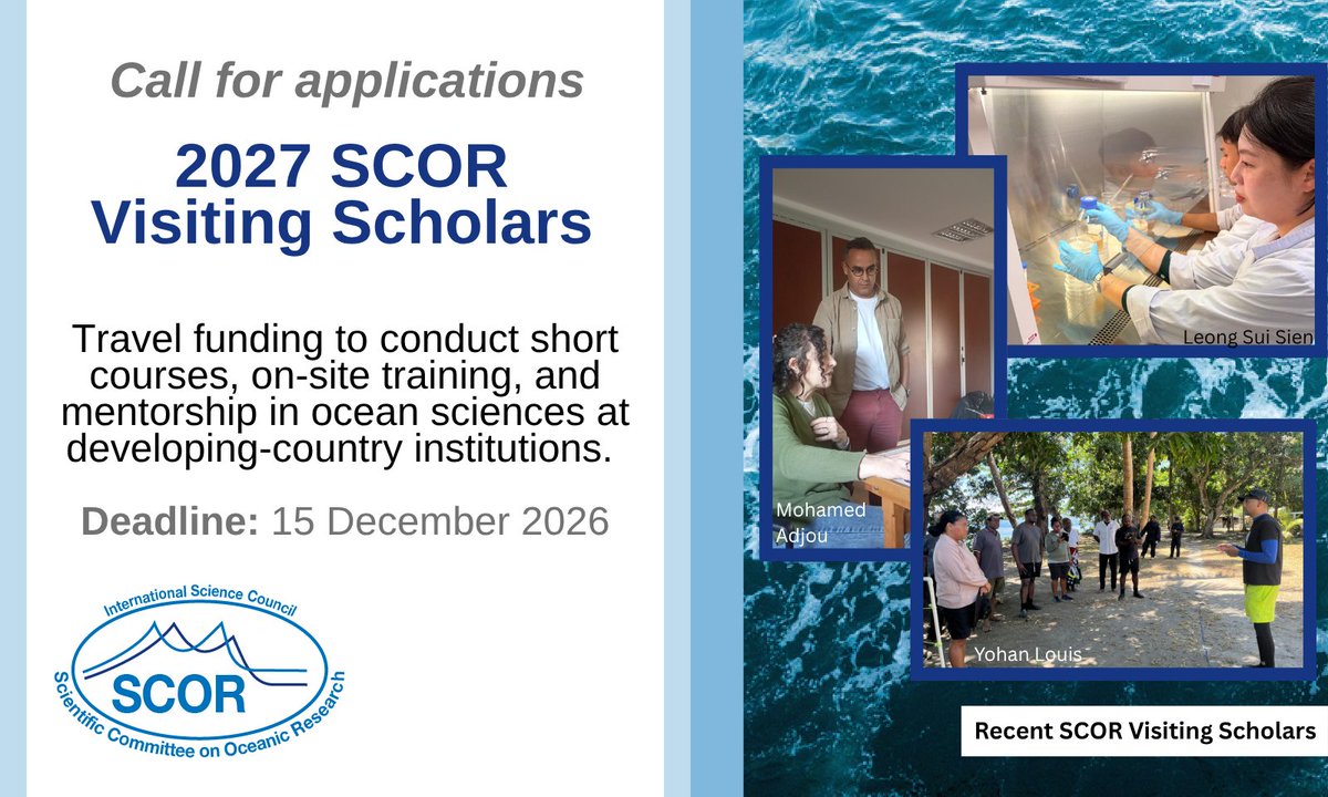 SCOR_Int's tweet photo. 📣 Applications are now being accepted for 2027 SCOR Visiting Scholars!

🌊 SCOR provides US$2,500 in travel funding for the Scholars to conduct short courses, on-site training, and mentorship at developing country institutions.

💻 Find out more at https://t.co/NWwWAfUP2j. https://t.co/hS5VZgTd2Y