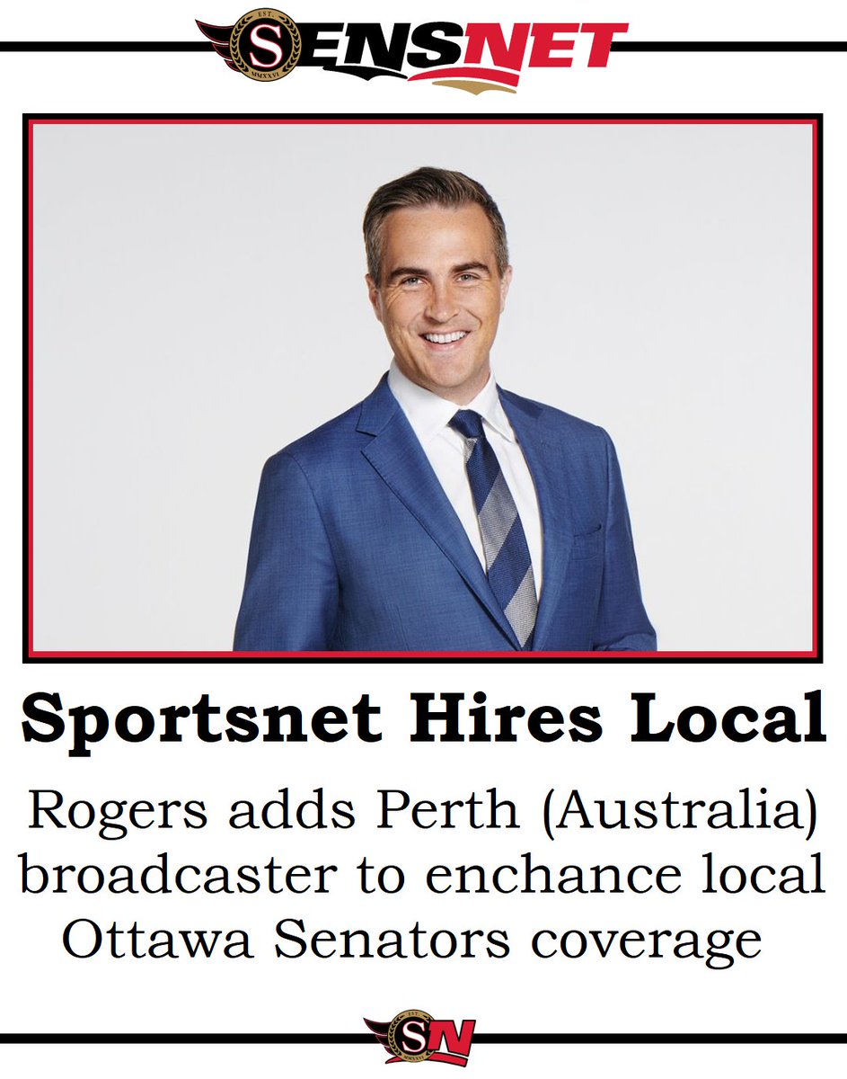 ottsensnet's tweet photo. SENSNET EXCLUSIVE

Rogers is hiring a local journalist! Award-winning broadcaster Ryan Daniels from Perth (Australia) will be joining the Sportsnet Ottawa team!

Rogers exec: "Adding a reporter so close [18,000 km] to Ottawa will provide unmatched local coverage to our audience." https://t.co/gikx4OW5dI
