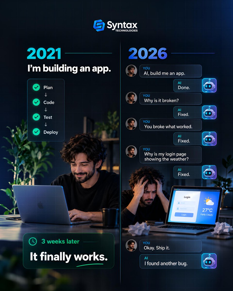 SyntaxTechs's tweet photo. AI can build an app in minutes.

Great. Now someone has to debug it. 😂

AI isn’t eliminating the work. It’s changing the workflow.

So, did AI replace developers or just help them create bugs faster?

Follow @syntaxtechs for more.

#aicoding #aiengineering #softwaredevelopment https://t.co/idqfEvOOJT