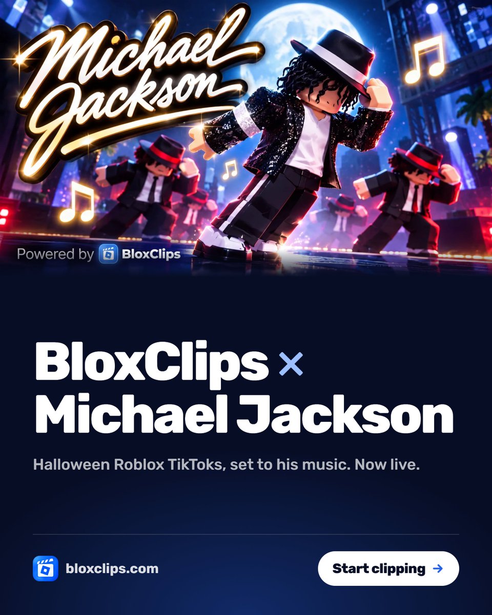 BloxClipsMedia's tweet photo. We're excited to announce our new campaign with Michael Jackson 🕺

This Halloween, Roblox creators can get paid to make TikToks set to his music.

The campaign is live now. Start earning, link in replies!⬇️ https://t.co/hWtGobFyDD