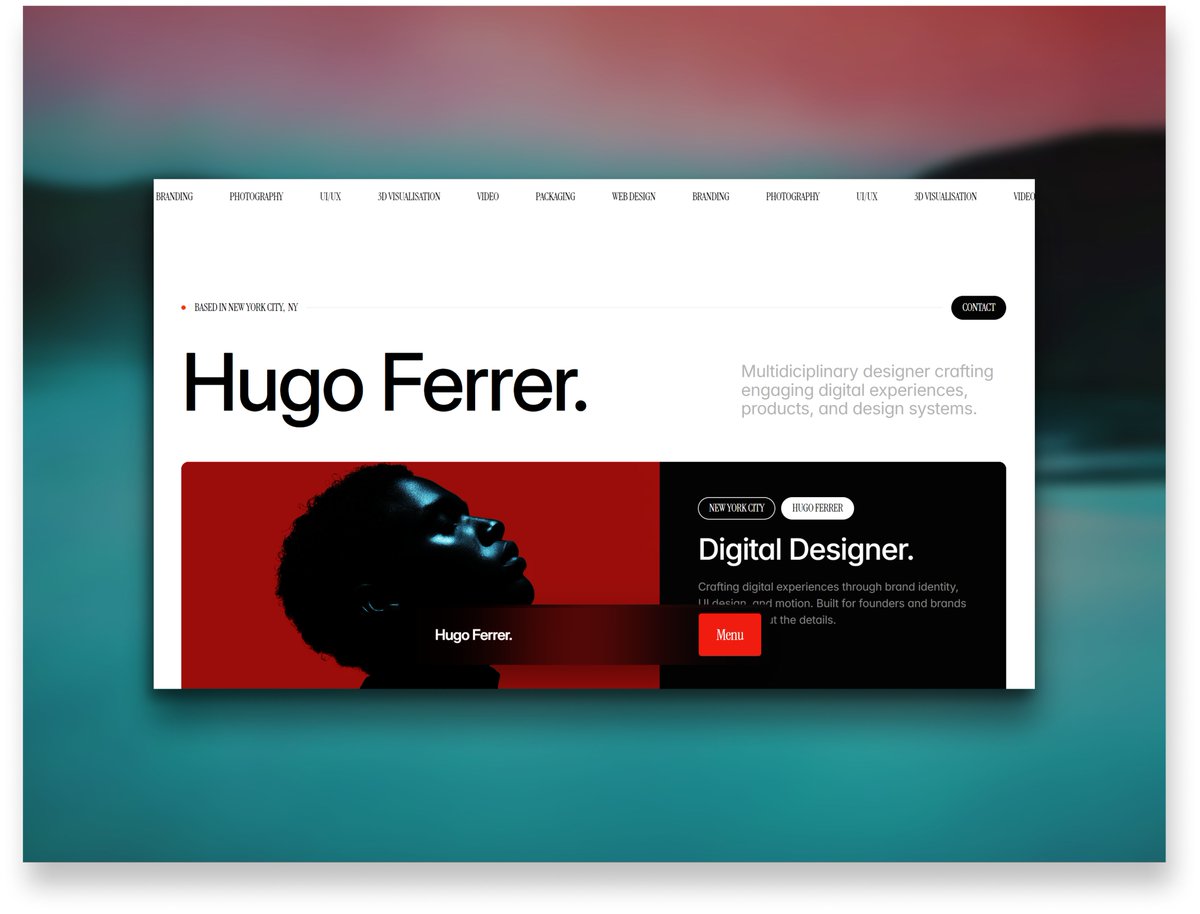 grain_seven's tweet photo. Portfolio Design for Hugo Ferrer: A UI/UX &amp; Art Director Based in New York City, NY. Built with @framer https://t.co/RKbJjCUz6G