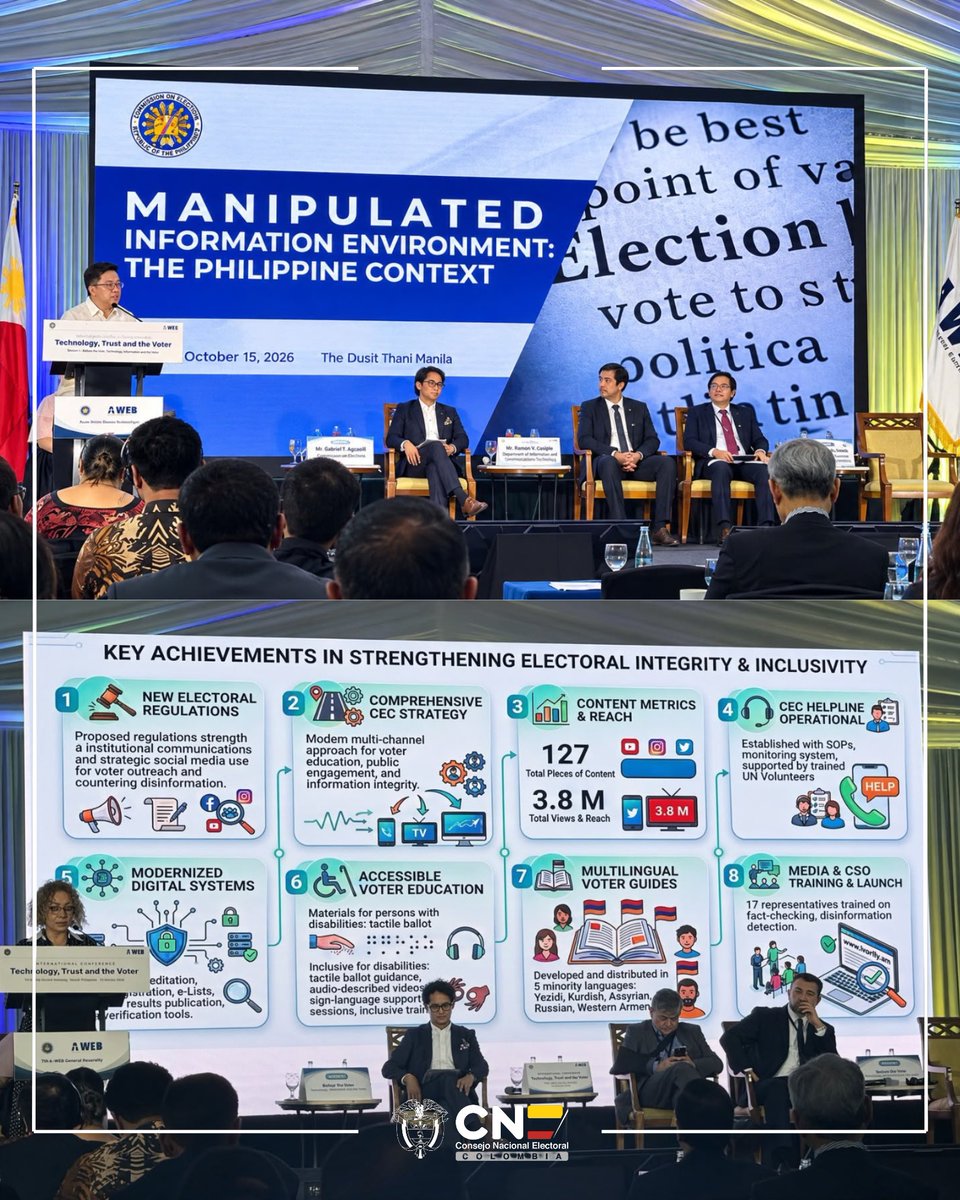 CNE_COLOMBIA's tweet photo. #EnImágenes | 🇨🇴 El CNE continúa su participación en la VII Asamblea General de A-WEB, en Filipinas.

Los magistrados @plinio_ab y @nubiasmartinez abordaron un reto de las elecciones actuales: proteger la información y la confianza ciudadana frente a la desinformación y la inteligencia artificial.