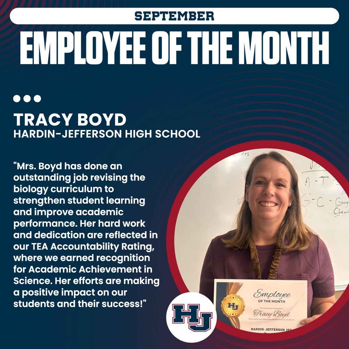 HJISD's tweet photo. Congratulations to Tracy Boyd, Hardin-Jefferson High Schoolโs September Employee of the Month!
Thank you for your hard work, dedication and the care you show our students and staff. Weโre proud to have you on our Hawk team!
#WeFlyTogether https://t.co/1AChl93f0p