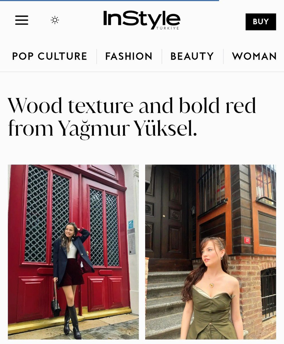 y827161511's tweet photo. 🇹🇷 INSTYLE TÜRKİYE | OCTOBER 14, 2026

📰 Source: InStyle Türkiye
✍️ Written by: Aren Bitmez
📸 Photos: @yagmryuksell

Wood texture and bold red from YağmurYüksel. ❤️🤎

In Yağmur Yüksel's style, we see the contrast between traditional and modern architecture. The dark brown panel door, surrounded by wood and brick textures, adds a timeless and rooted feel to the space, while the bold red entrance door in the other square creates a true focal point. With its wrought iron details and wide double-winged form reminiscent of French architecture, this red door is a perfect example of bringing an energetic spirit to neutral-colored building facades.

✨ Just as these architectural textures blend timeless elegance with striking character, Yağmur Yüksel brings her own captivating beauty and effortless sophistication to every frame. Her feature in InStyle Türkiye beautifully celebrates the harmony of style, character and visual artistry. A presence as distinctive as the architecture itself. 

#YağmurYüksel 
#InStyleTürkiye