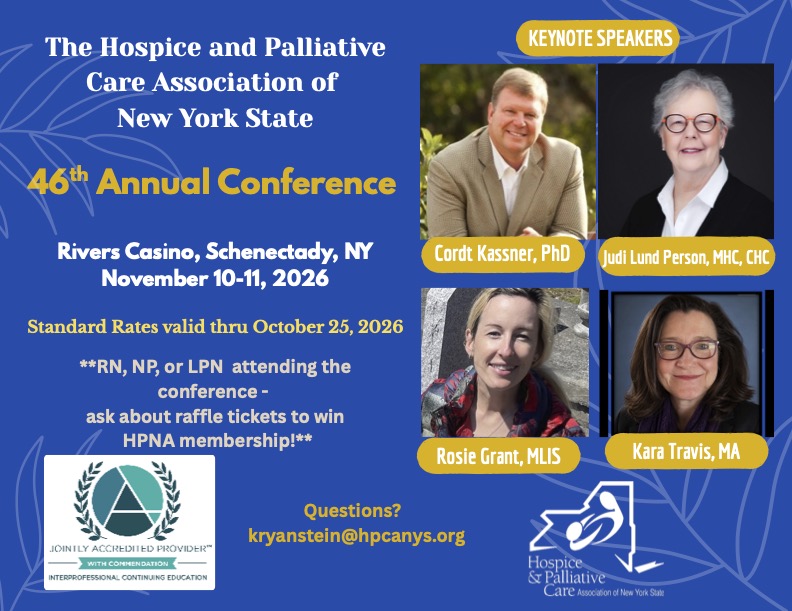 EOLCNY's tweet photo. EOLCNY staff Mandi Zucker and Nathalie Chara are excited to present at this conference next month about medical aid in dying. Will you be there? Let us know to look for you! #HPCANYS #medicalaidindying #eol #hospice #palliativecare #patientchoice #MAIDimplementation #endoflife https://t.co/hTNvmr9GK0