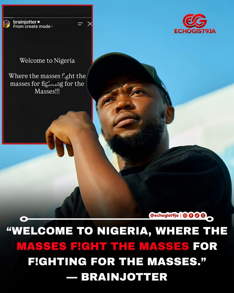 echogist9ja's tweet photo. Content creator Brainjotter has sparked conversations with his statement about Nigerians fighting one another while trying to fight for the masses.

Sometimes, the people fighting for the people end up fighting the people. What a country! 🇳🇬

#echogist9ja https://t.co/g7kddDKVP0