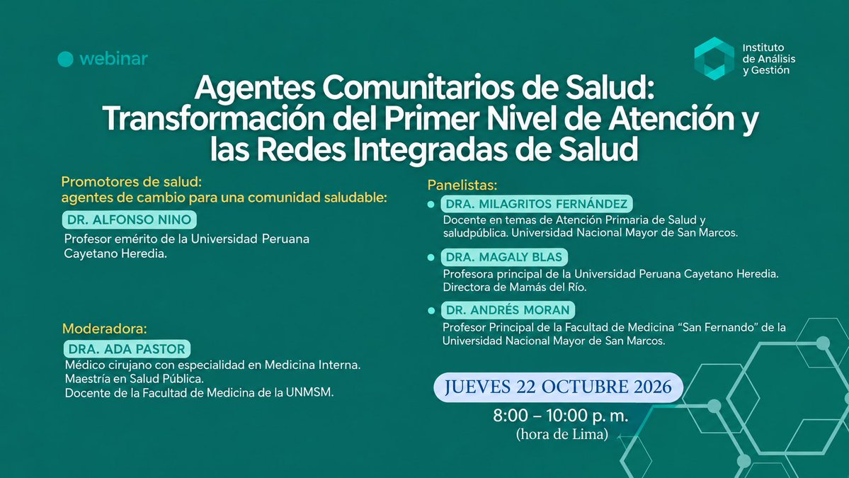 IagesInstituto's tweet photo. Si los agentes comunitarios de salud son el recurso más cercano a la población, ¿qué impide que lideren la transformación del primer nivel de atención?
 
🗓️ Jue 22 oct · 8:00 p. m. (Lima)
🔗 Participa aquí: https://t.co/YqgLFvm7Yn
 
#SaludPública #AtenciónPrimaria #Perú https://t.co/HX8vdCn3AD