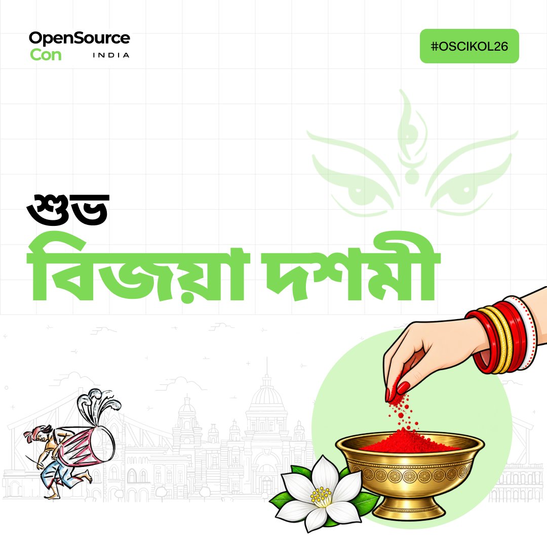 OpenSourceConIN's tweet photo. Asche Bochhor Abar Hobe! 🥁🌸✨

Wishing everyone a warm &amp; joyful Shubho Bijaya Dashami! Sweet wishes, great memories &amp; bigger things ahead! 🍬💥

#OSCI2026 #ShubhoBijaya #BijayaDashami https://t.co/LENAQ2bQei