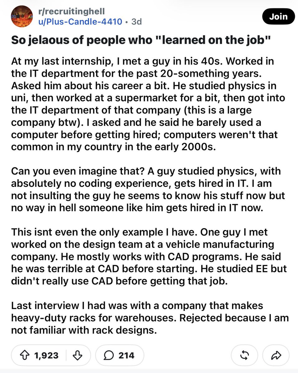 ghiblijoy's tweet photo. this is another issue i have with the current market, these recruiters and hiring managers act like they were the perfect candidate when they got hired when most of the time that’s just not true. its not fair. we can be successful and competent without being a complete expert https://t.co/C6Ol7ZZOqy