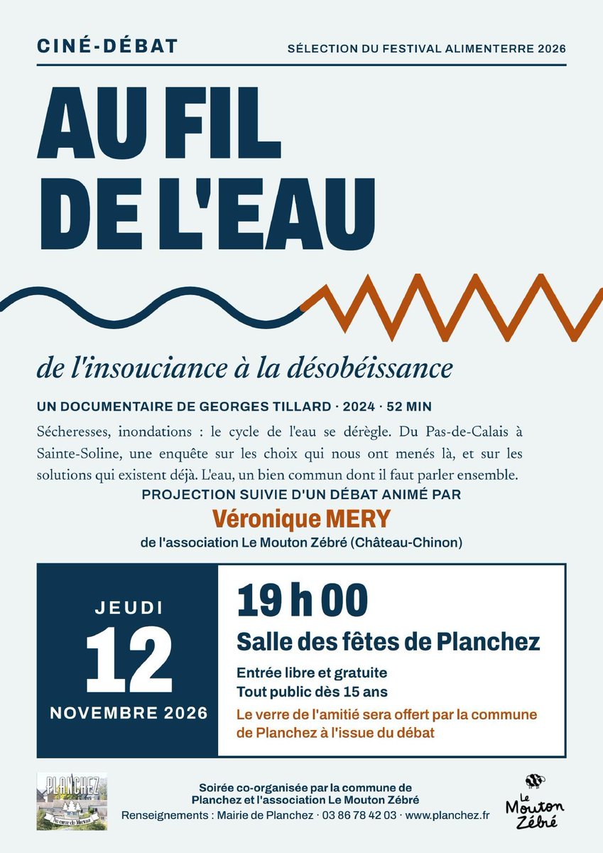 com_planchez's tweet photo. Ciné-débat « Au fil de l’eau » jeudi 12 novembre à 19h, salle des fêtes de Planchez. Documentaire de 52 min sur le dérèglement du cycle de l’eau, suivi d’un débat avec Véronique Méry (Le Mouton Zébré). Entrée libre, dès 15 ans, verre de l’amitié offert.
#Planchez #Morvan #Nièvre https://t.co/cDYsojxBL4