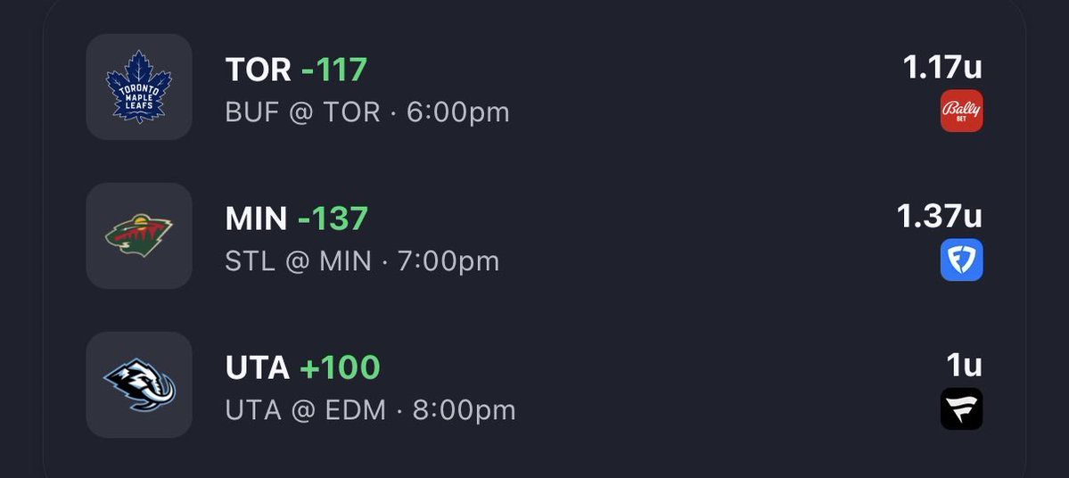Rusty_Bill's tweet photo. NHL plays 10/15:

TOR ML -117
MIN ML -137
UTA ML +100

Record: 13-12-0, -0.84u https://t.co/7j9GhDppyT