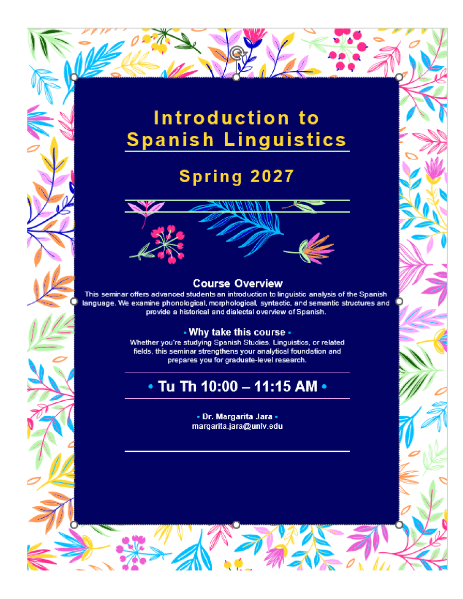WLC_UNLV's tweet photo. How does Spanish work? Explore its sounds, grammar, meaning, and history in Introduction to Spanish Linguistics in SPAN 304!

📚 Spring 2027
🗓️ Tu/Th, 10–11:15 AM
👩‍🏫 Dr. Margarita Jara

Build your analytical skills and deepen your understanding of Spanish!

#UNLV #UNLVWLC https://t.co/pmuTpjA5s6