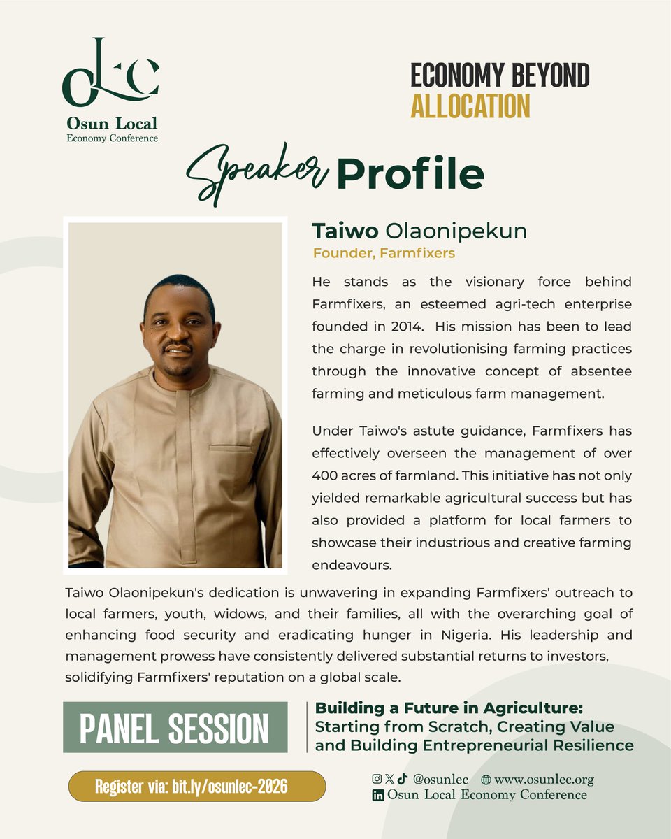 OsunLEC's tweet photo. We’re excited to announce Taiwo Olaonipekun
CEO, Farmfixers, as a speaker at OLEC ‘26! 🎤

Their experience and insight will help shape the conversation on building an Osun economy where businesses grow, young people thrive, and local talent creates impact at home. https://t.co/Tqp2P8rYXE