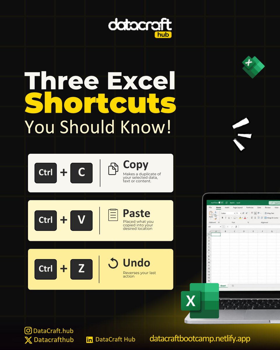 Datacrafthb's tweet photo. 💻 3 Excel shortcuts to make your work easier! 📊

⌨️ Ctrl + C — Copy
⌨️ Ctrl + V — Paste
⌨️ Ctrl + Z — Undo

Work smarter, save time, and boost your productivity! 🚀

Follow for more tech, data &amp; AI tips.

#ExcelTips #DataCraftHub https://t.co/aH35TrZF1b