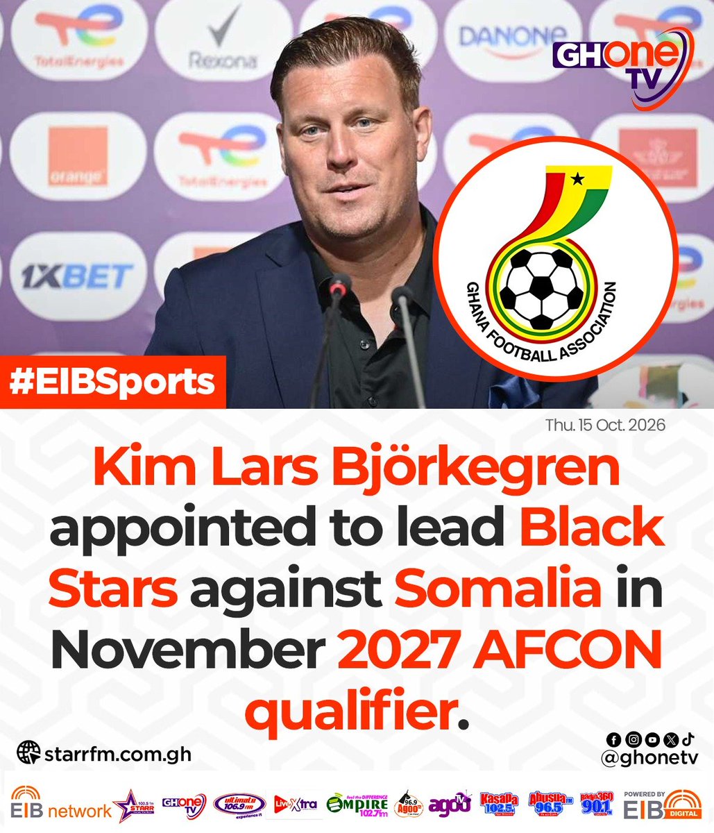 ghonetv's tweet photo. Kim Lars Björkegren appointed to lead Black Stars against Somalia in November 2027 AFCON qualifier...

#EIBNetwork #GHOneTV 
#GHOneNews #NewsAlert https://t.co/pzLYW9T1Hu