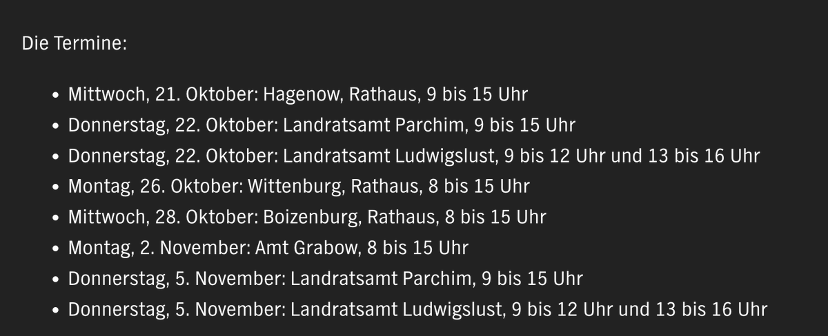LangzeitC's tweet photo. Der Landkreis Ludwigslust-Parchim bietet 2 Wochen lang kostenlose Impfungen gegen 
- Grippe
- COVID
- RSV 
- Pneumokokken an.
Los geht es am Mi, 21. Oktober, im Rathaus in Hagenow, der letzte Termin ist am Donnerstag, den 5. November. Bitte um Retweet 🙏
https://t.co/JJza2WpfFD https://t.co/Xw251GYIUf