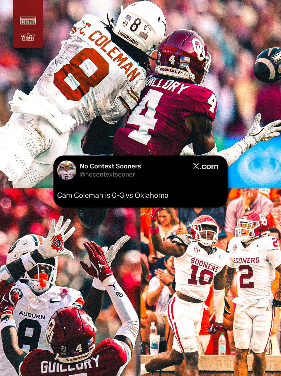 RedDirtMediaCo's tweet photo. What an amazing stat 😂 

Texas’ big transfer portal get WR Cam Coleman is now 0-3 against us. You love to see it. 😮‍💨 https://t.co/vHiYD3XJxr